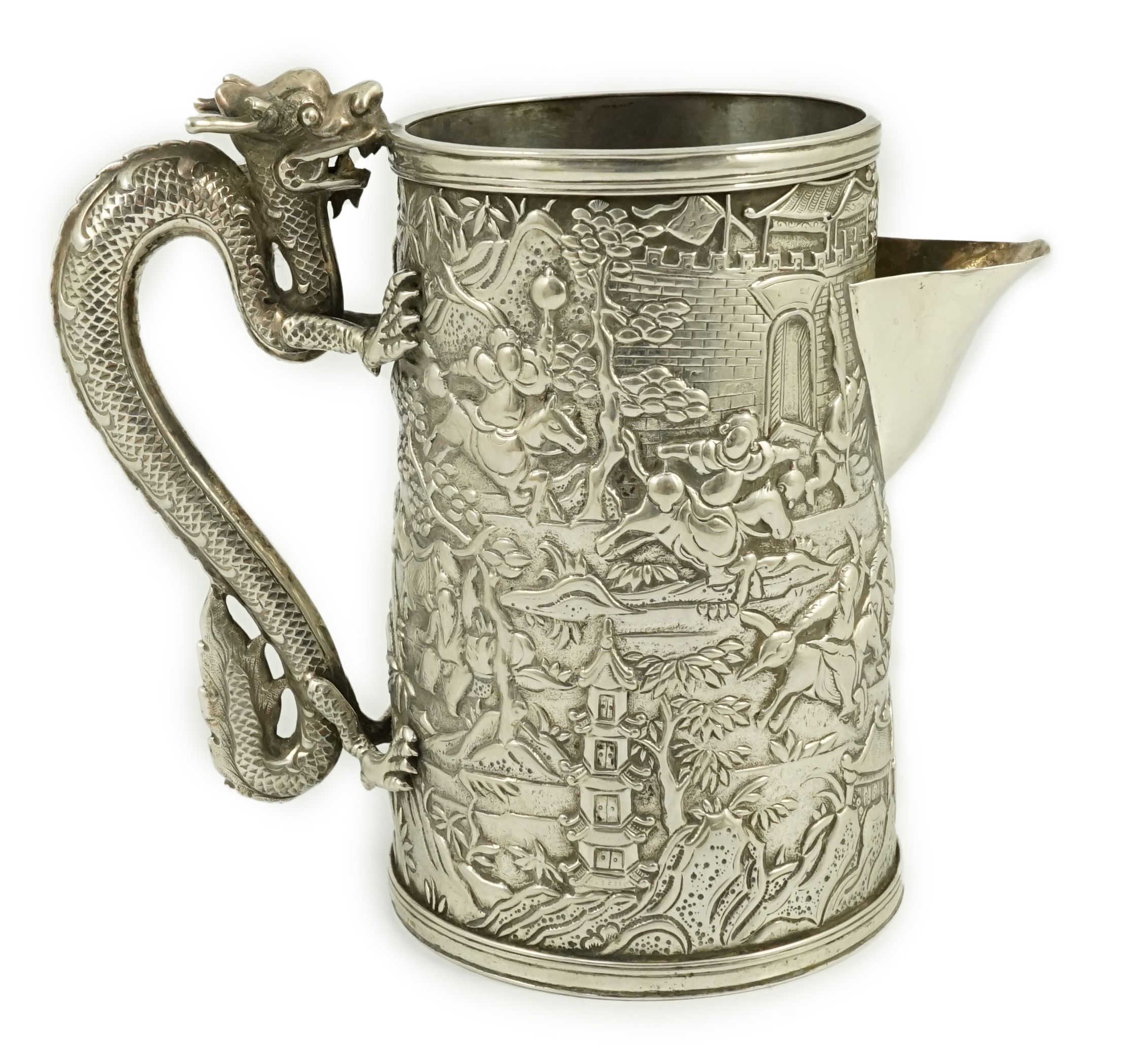 A Chinese embossed white metal mug, now converted to a jug, maker possibly LC or LO